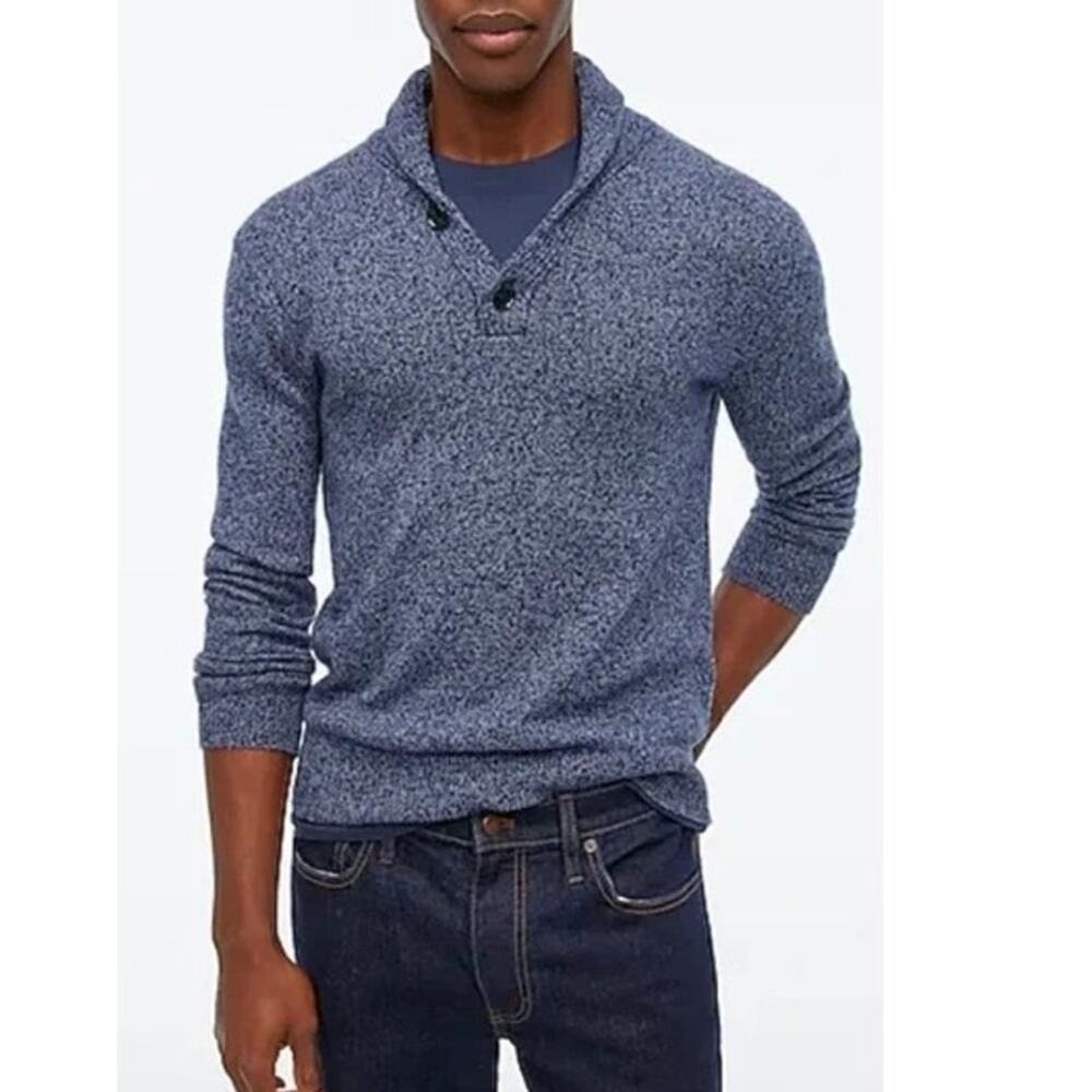 Preppy Fisherman Shawl Neck Lambswool Blend Knit Sweater M Blue Button J. Crew